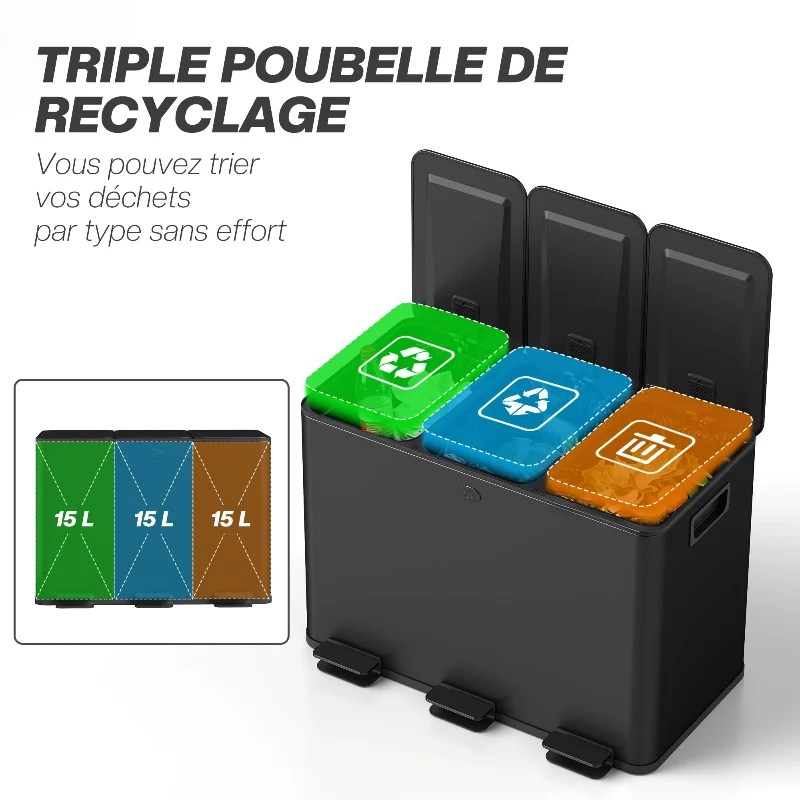 Poubelle de tri à pédale 3 bacs 45L