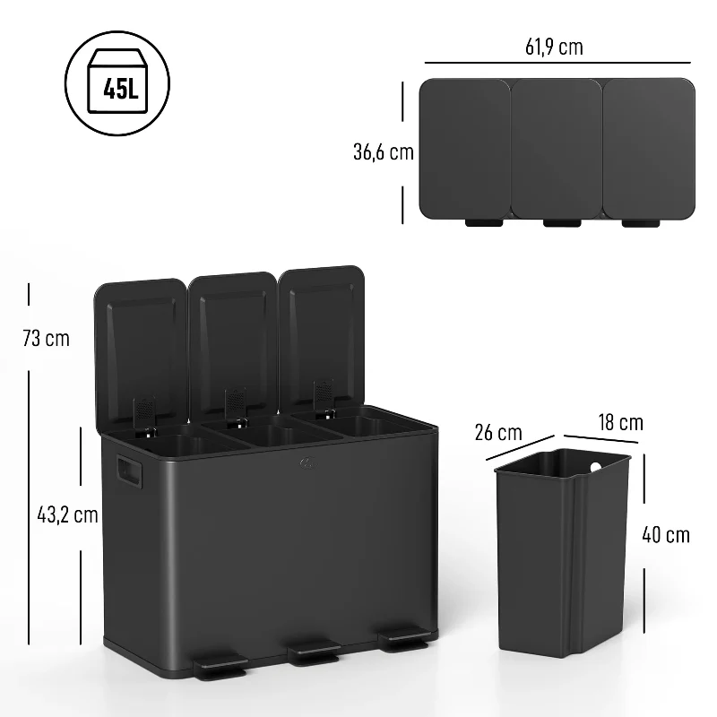 Poubelle de tri à pédale 3 bacs 45L