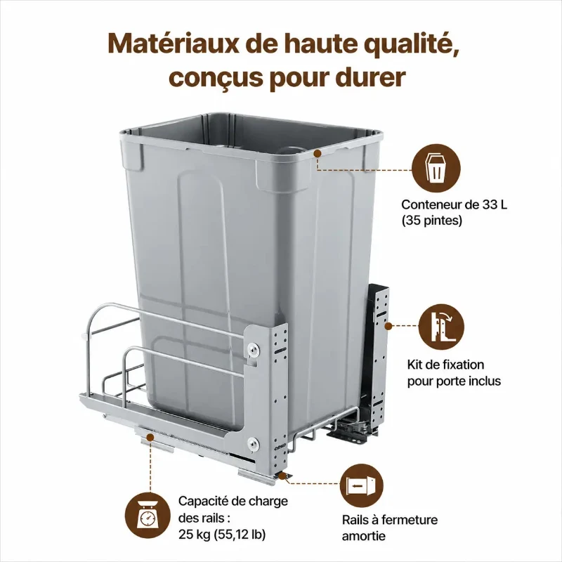 Poubelle coulissante sous évier grise 33L