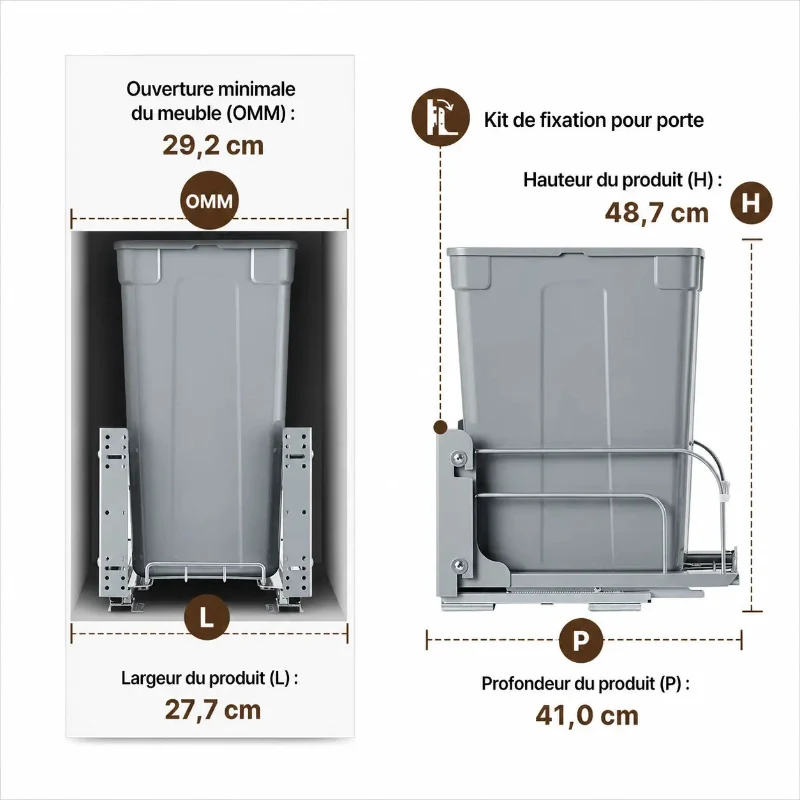 Poubelle coulissante sous évier grise 33L