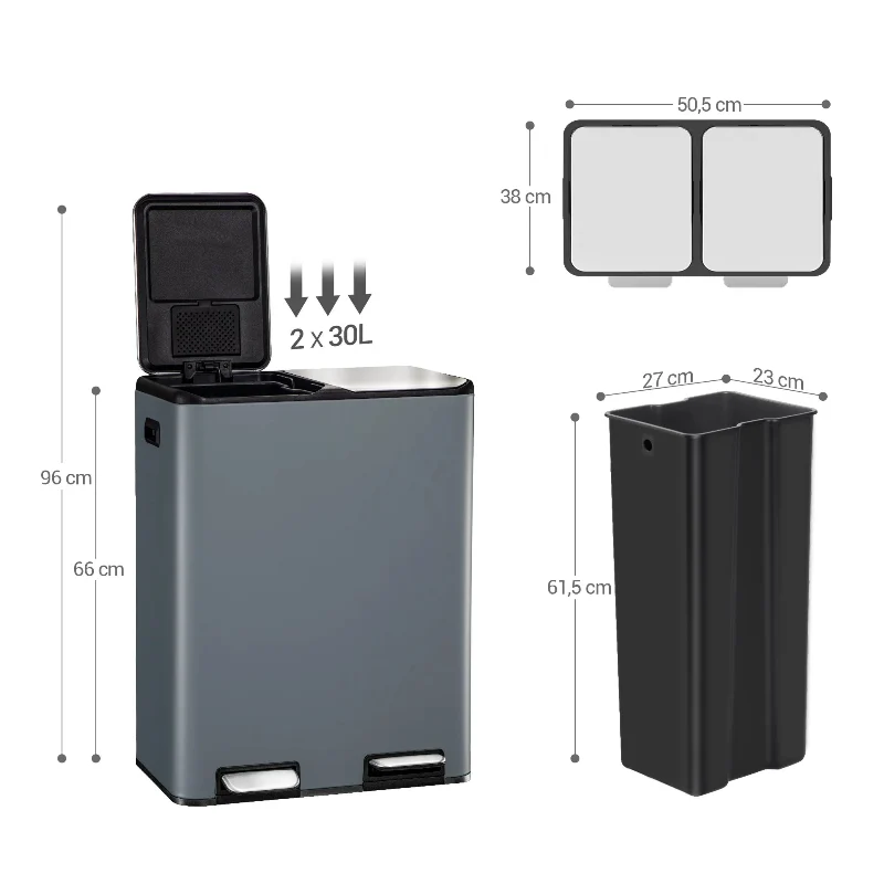 Poubelle double compartiment 60L grise