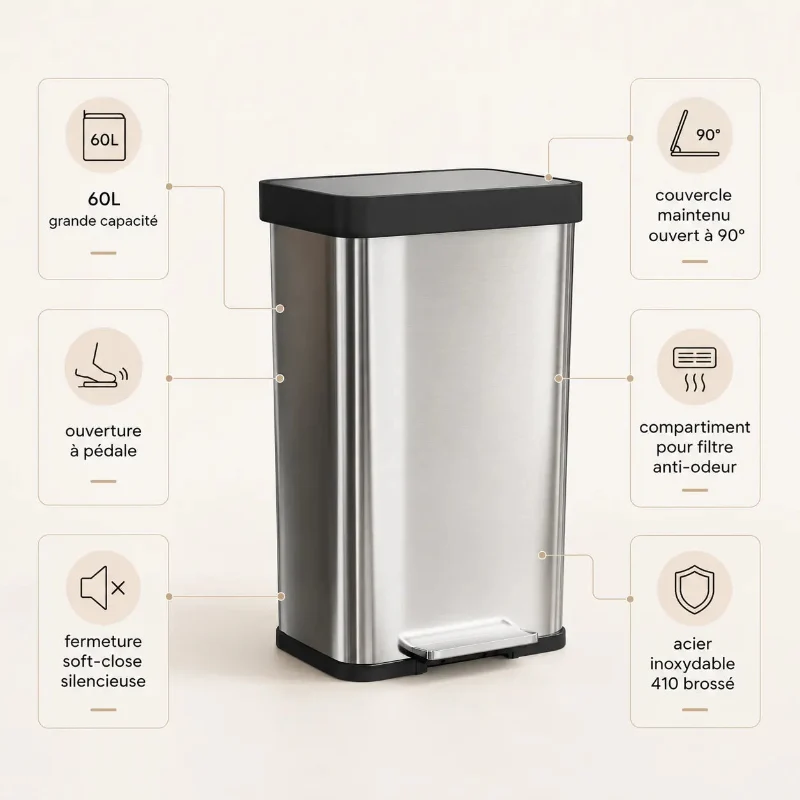 Poubelle de cuisine 60L en inox