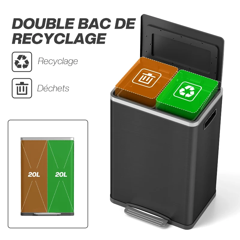 Poubelle double compartiment 40L noire