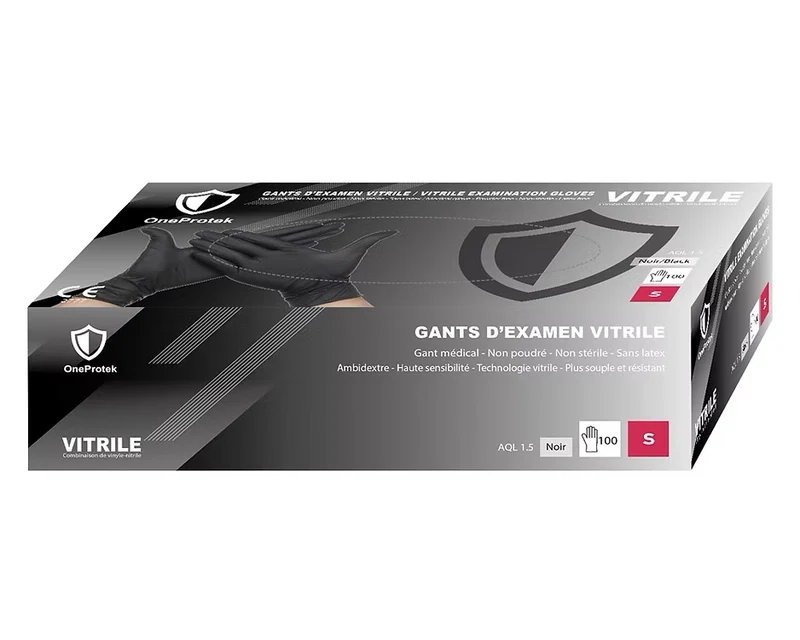 OneProtek - Boîte de 1000 Gants d'examen Vitrile - Taille S - Noir