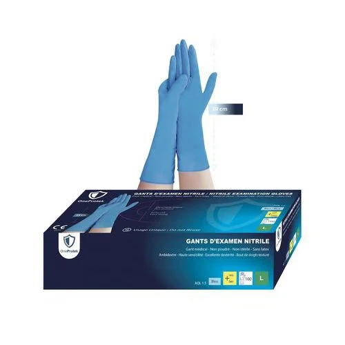 OneProtek - BOITE de 1000 Gants d'examen Nitrile manchette longue (290mm) - BLEU