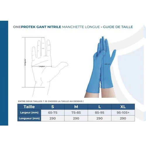 OneProtek - BOITE de 1000 Gants d'examen Nitrile manchette longue (290mm) - BLEU