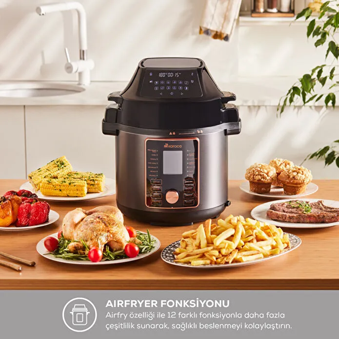 Karaca Cooker 2 in 1 Çok Amaçlı Basınçlı Pişirici Akıllı Elektrikli Düdüklü Tencere ve Airfryer Matte Black 6L