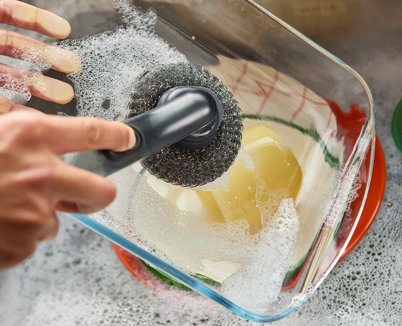 Brosse à Vaisselle et Distributeur de Savon avec Support Inox et 6 Têtes de Rechange