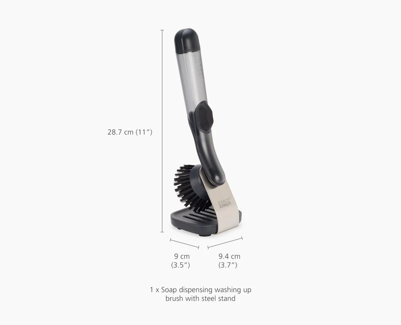 Brosse à Vaisselle et Distributeur de Savon avec Support Inox et 6 Têtes de Rechange