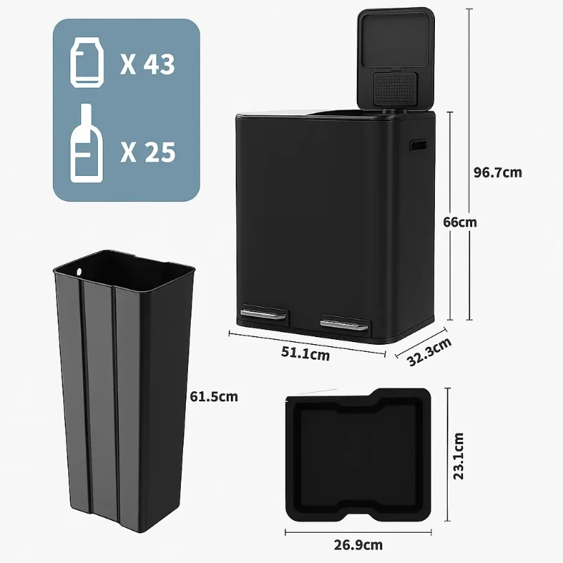 Poubelle à double compartiment noire 60L