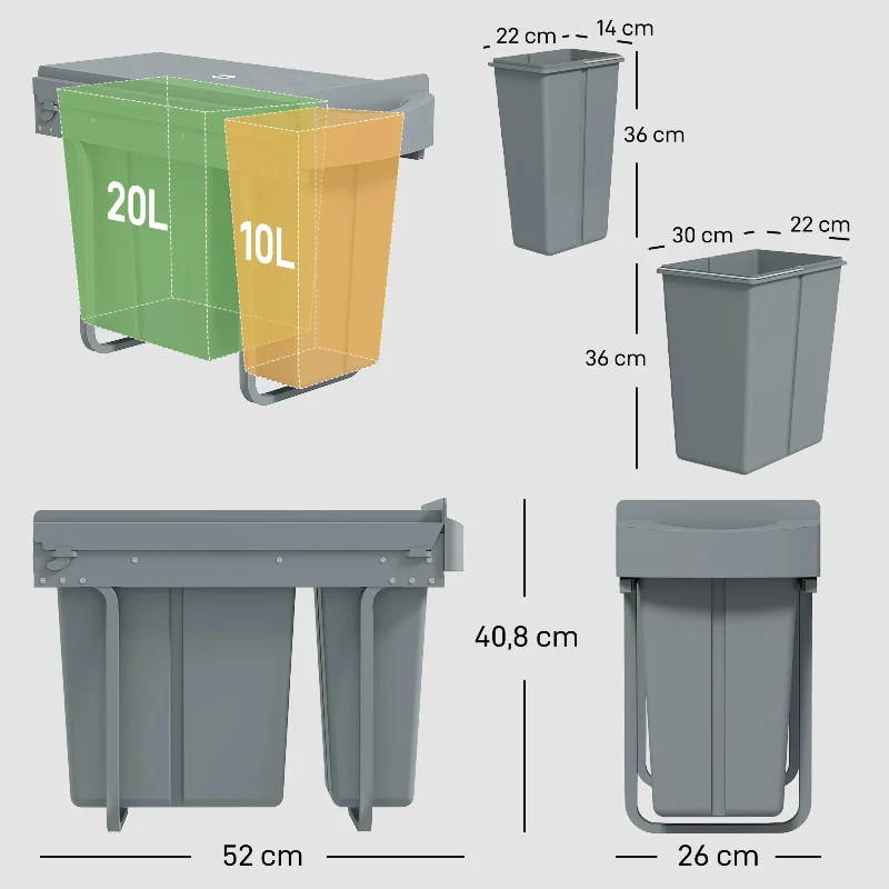 Poubelle sous évier à 2 compartiments 30L