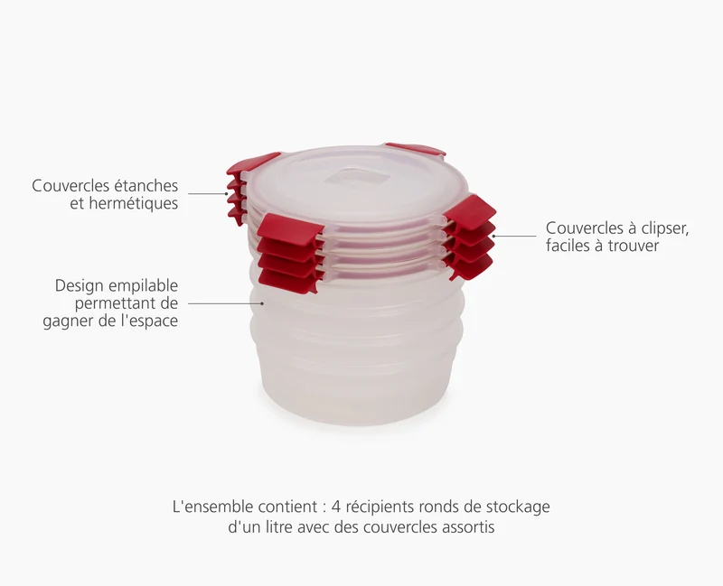 4 Boîtes Alimentaires Rondes & Rouges 1L Nest™ Lock Round