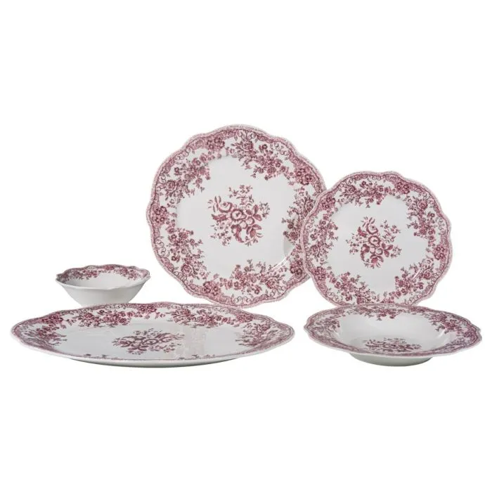Vintage 25 parça 6 kişilik porselen yemek takımı- Pembe çiçek desenli