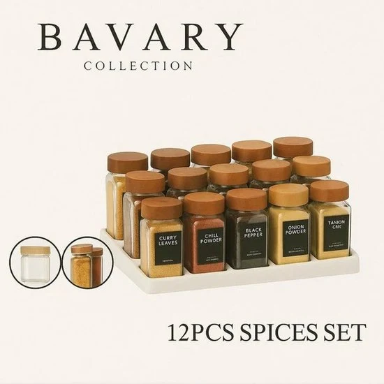 Bavary Baharatlık Standı – 12'li Set adet – Kavanoz met Deksels - with Wooden Stand