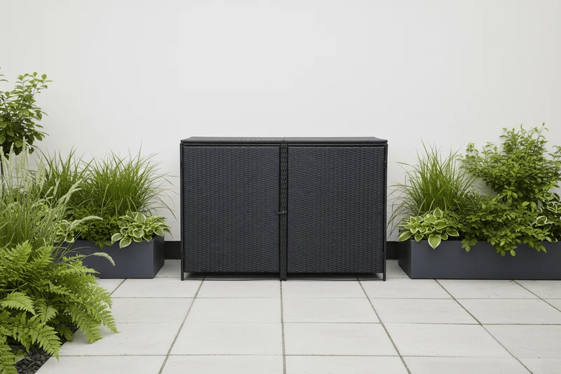 Abri Poubelle Rattan Duo 2 Bacs en Rotin Noir