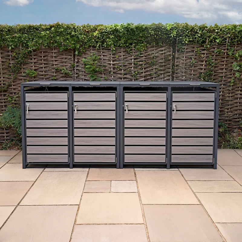 Abri Métallique pour 4 Poubelles à Roulettes - Anthracite et Bois Gris