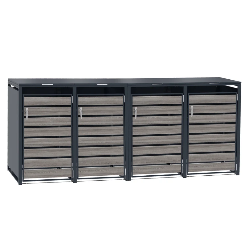 Abri Métallique pour 4 Poubelles à Roulettes - Anthracite et Bois Gris