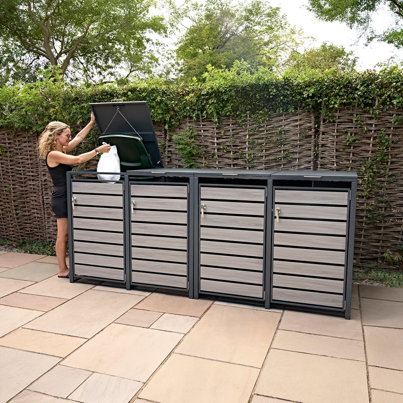 Abri Métallique pour 4 Poubelles à Roulettes - Anthracite et Bois Gris