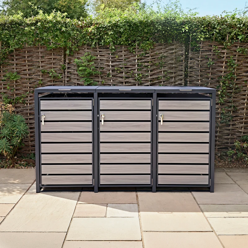 Abri Métallique pour 3 Poubelles à Roulettes - Anthracite et Bois Gris