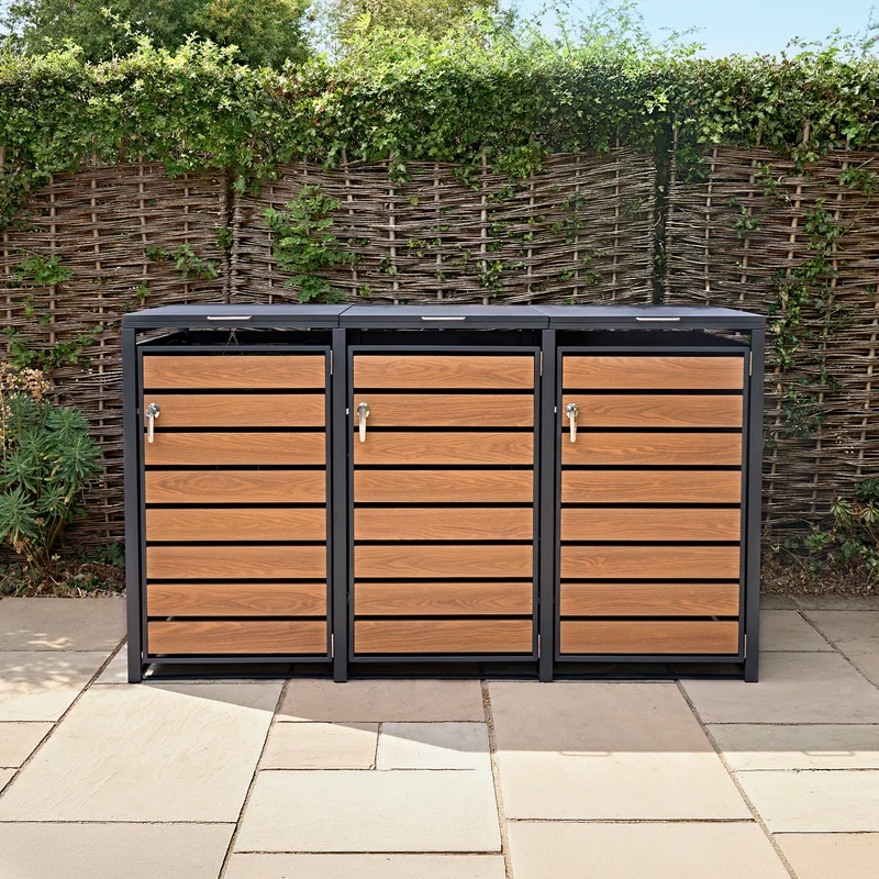 Abri Métallique pour 3 Poubelles à Roulettes - Anthracite et Bois