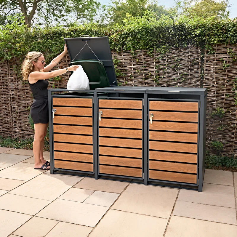 Abri Métallique pour 3 Poubelles à Roulettes - Anthracite et Bois