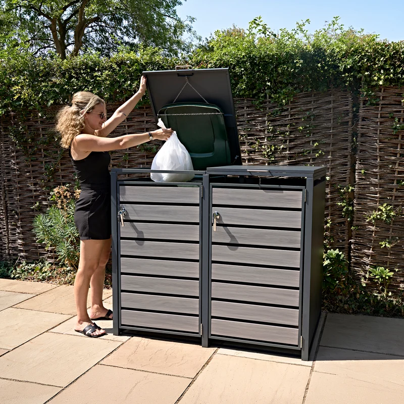 Abri Métallique pour 2 Poubelles à Roulettes - Anthracite et Bois Gris