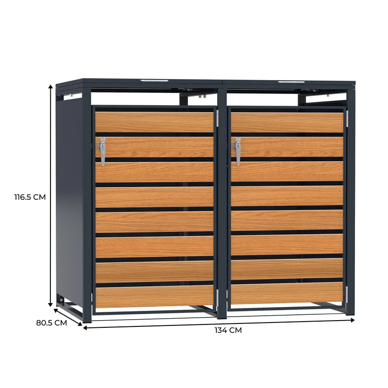 Abri Métallique pour 2 Poubelles à Roulettes - Anthracite et Bois