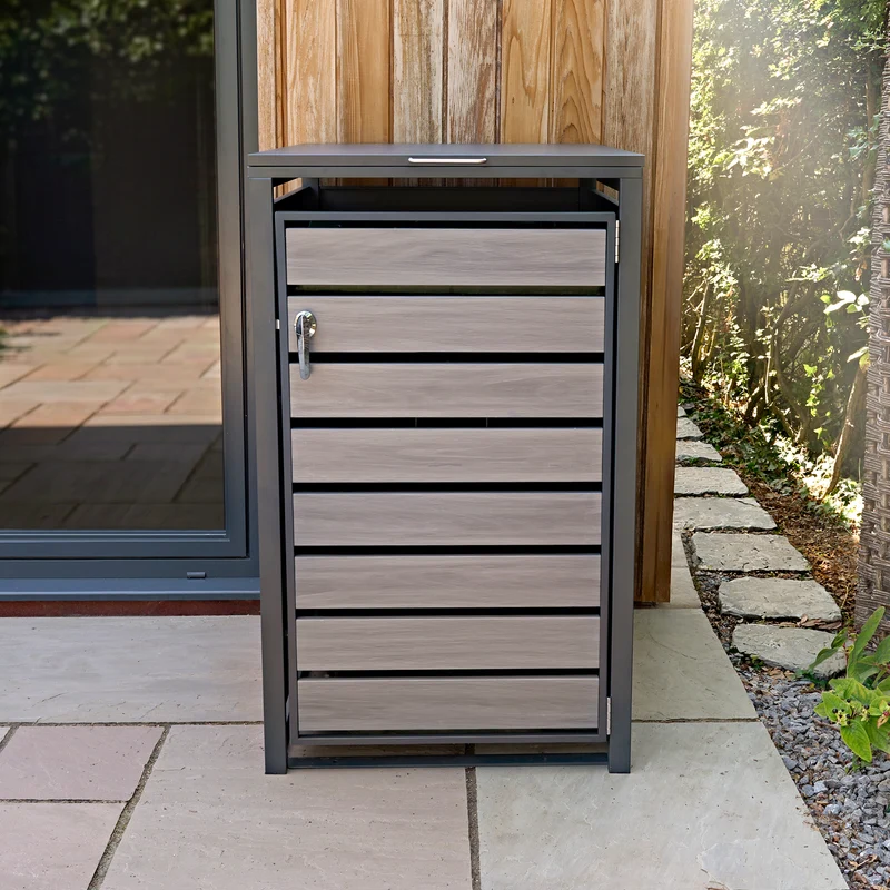 Abri Métallique pour 1 Poubelle à Roulettes - Anthracite et Bois Gris