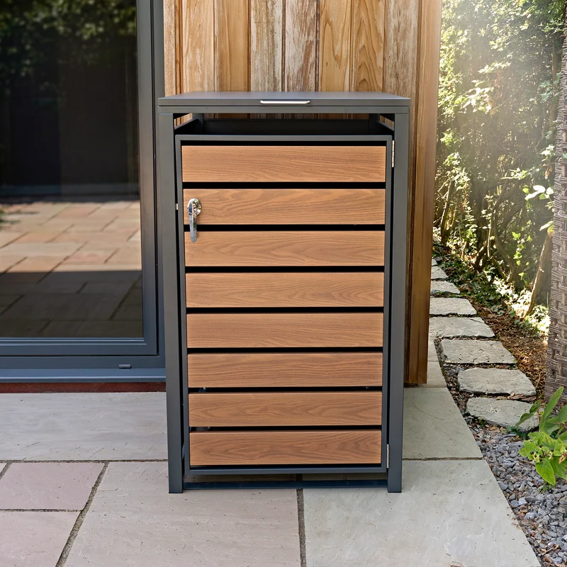 Abri Métallique pour 1 Poubelle à Roulettes - Anthracite et Bois