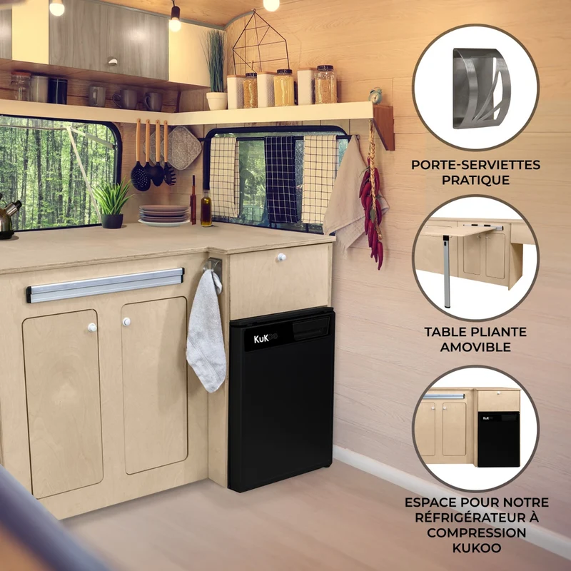 Lot de Meuble Cuisine pour Camping-Car en Contreplaqué & Frigo Noir