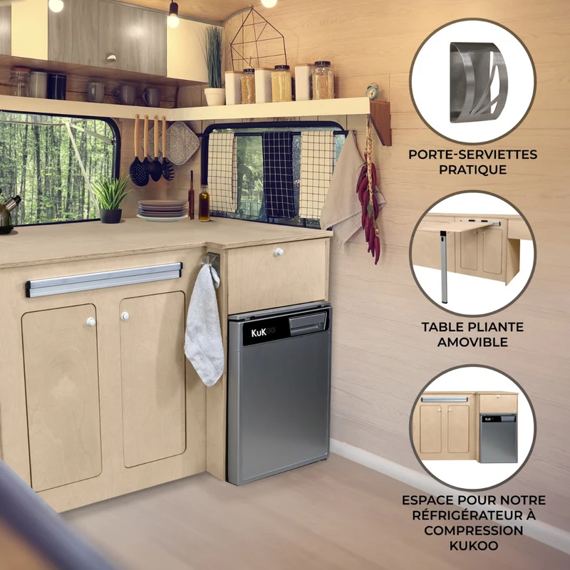 Lot de Meuble Cuisine pour Camping-Car en Contreplaqué & Frigo Argent