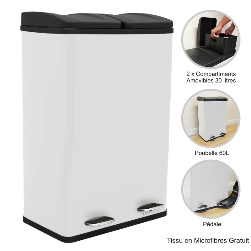 Poubelle de Recyclage à Double Bac 60 L - Blanc