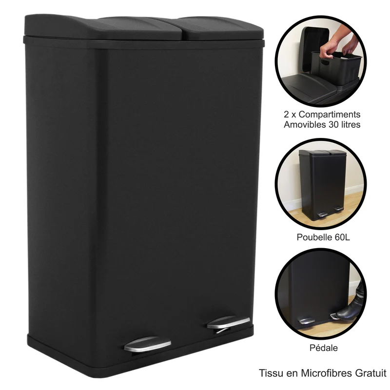 Poubelle de Recyclage à Double Bac 60 L - Noir