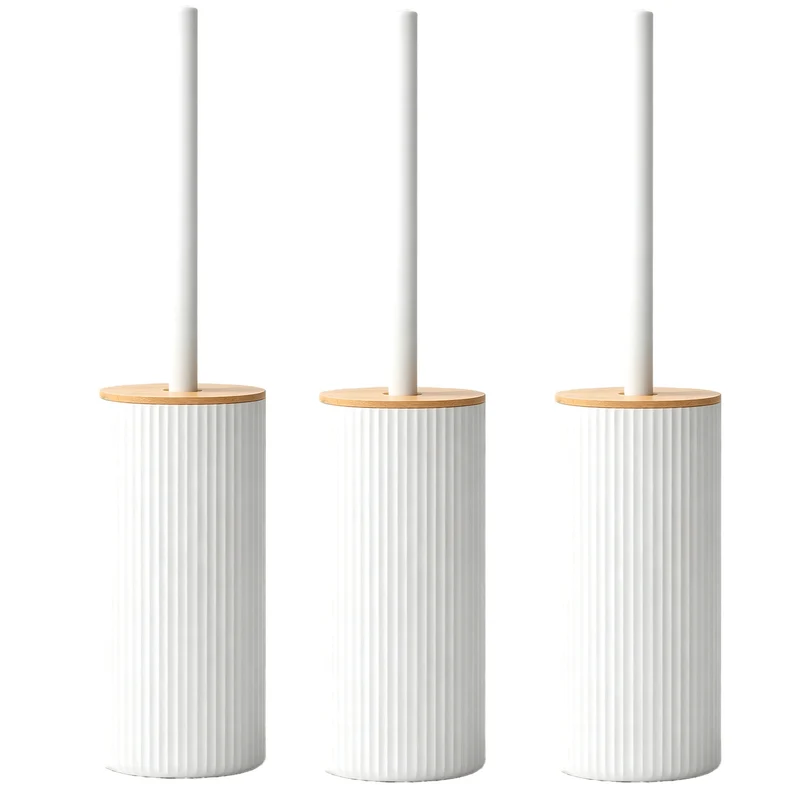 Lot de 3 Brosse WC avec Support en Plastique Strié Blanc et Couvercle en Bambou LUND — Balayette de Toilette Ergonomique et Hygiénique, Design Scandinave Moderne pour Salle de Bain