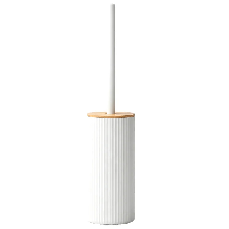 Brosse WC avec Support en Plastique Strié Blanc et Couvercle en Bambou LUND — Balayette de Toilette Ergonomique et Hygiénique, Design Scandinave Moderne pour Salle de Bain