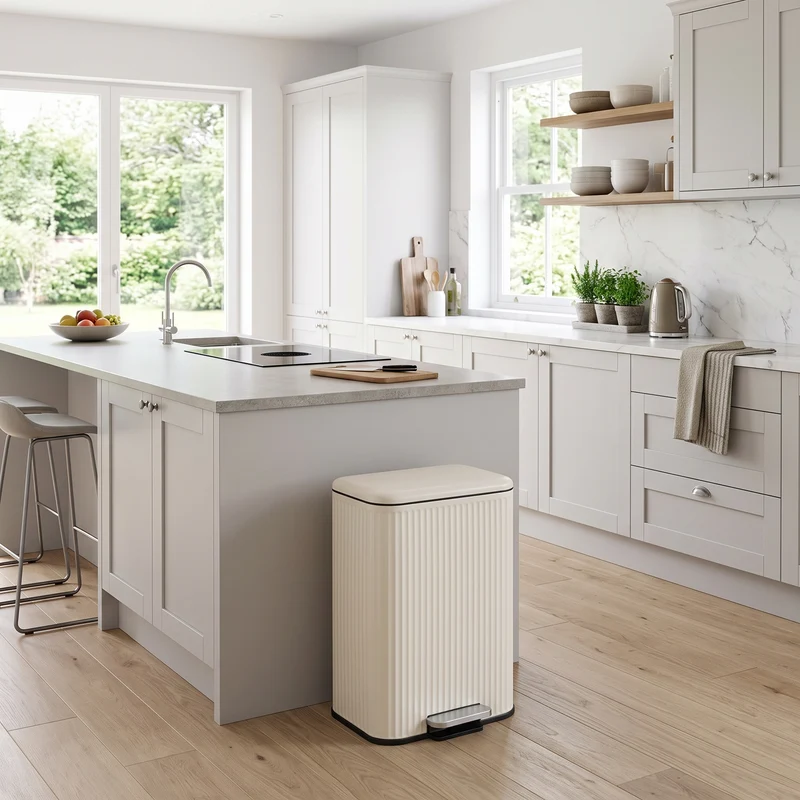 Poubelle de Cuisine à Pédale 50L LINE — Grand Bac à Déchets Rectangulaire Strié en Acier Inoxydable avec Couvercle Soft-Close Anti-Odeurs, Crème Mat