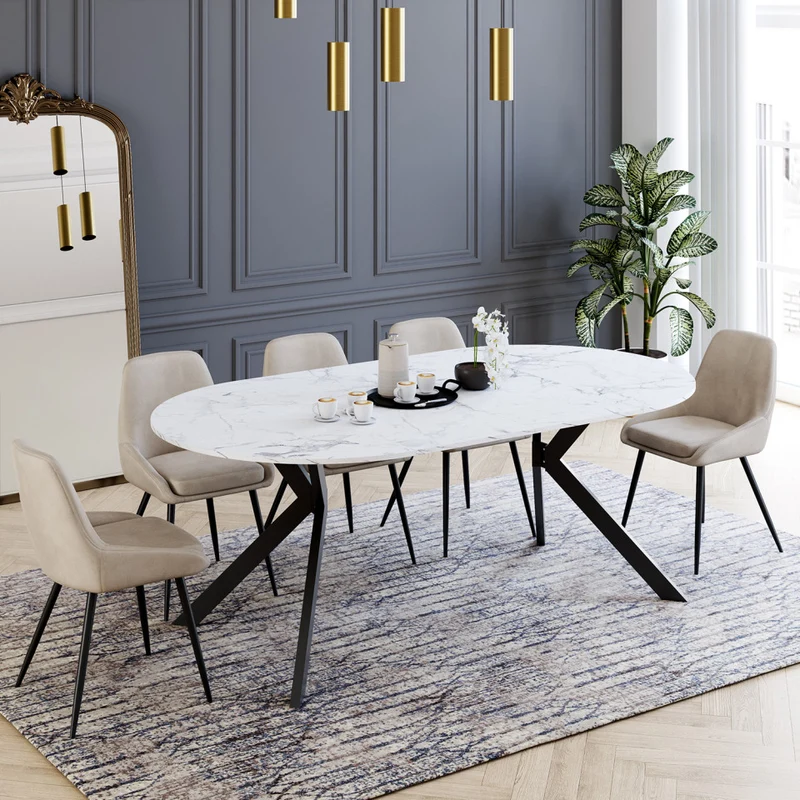 Table repas Spider plateau extensible 110-200cm rond effet marbre et pieds noirs