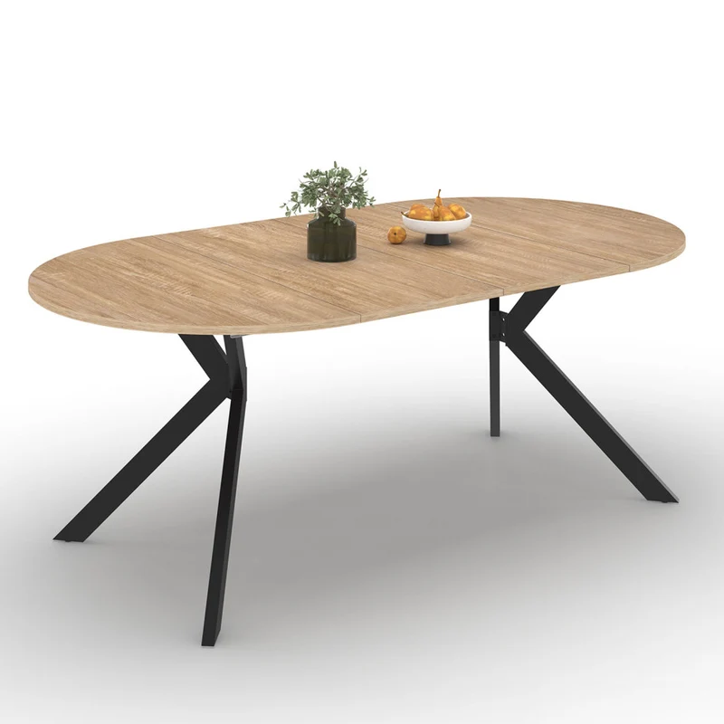 Table repas Spider plateau extensible 110-200cm rond bois et pieds croisés noirs