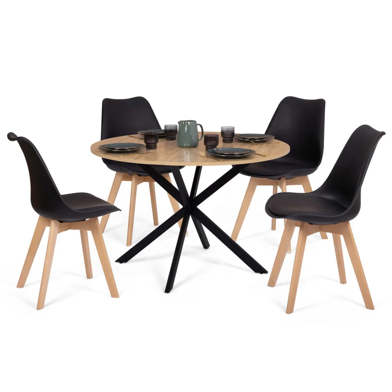 Table repas Soline 110cm plateau rond pieds croisés noirs