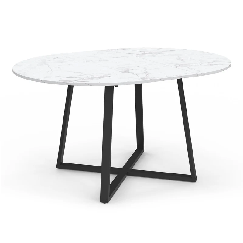 Table repas Sana plateau extensible 110-150cm rond effet marbre et pieds noirs
