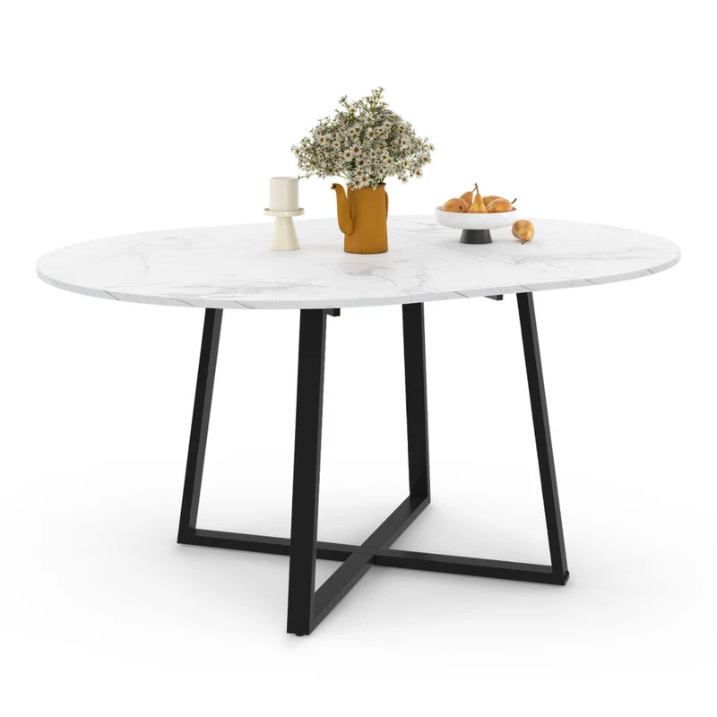 Table repas Sana plateau extensible 110-150cm rond effet marbre et pieds noirs