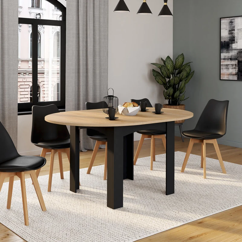 Table repas Dina plateau extensible 110-150cm rond et pieds noirs