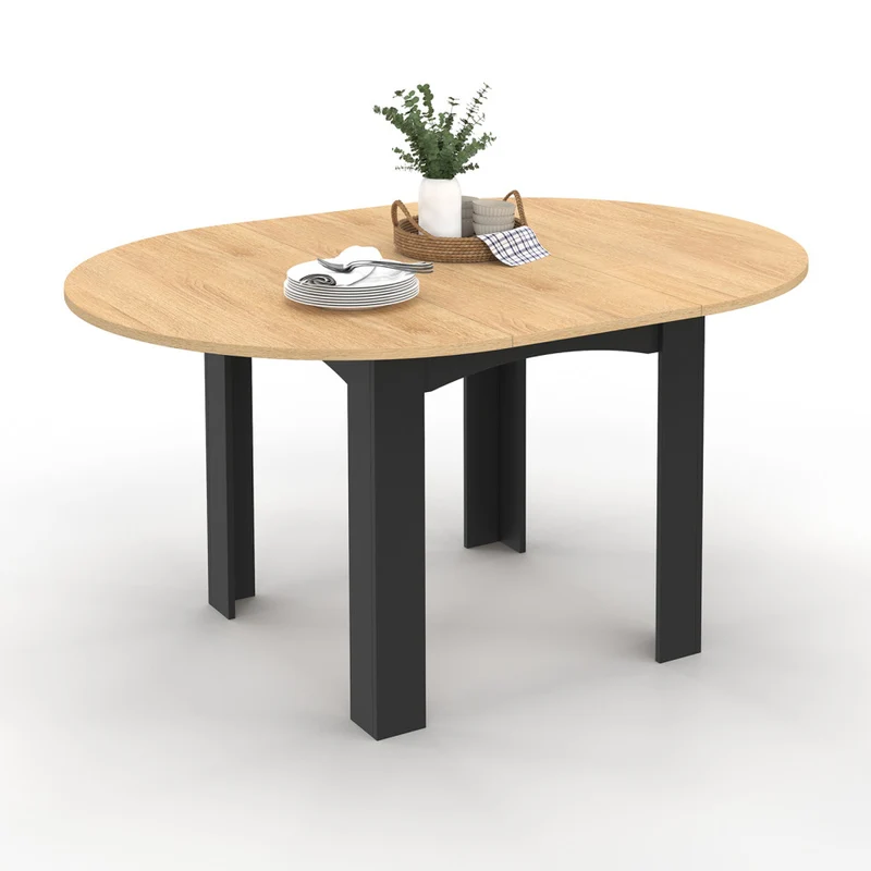 Table repas Dina plateau extensible 110-150cm rond et pieds noirs