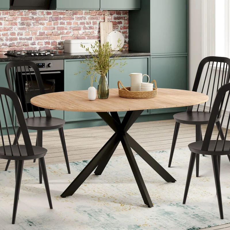 Table repas extensible Soline 110-150cm plateau rond bois pieds croisés noirs