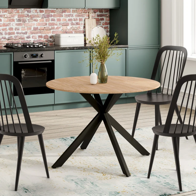 Table repas extensible Soline 110-150cm plateau rond bois pieds croisés noirs