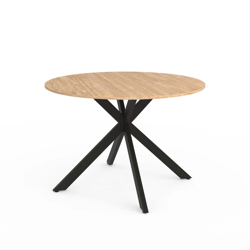 Table repas extensible Soline 110-150cm plateau rond bois pieds croisés noirs