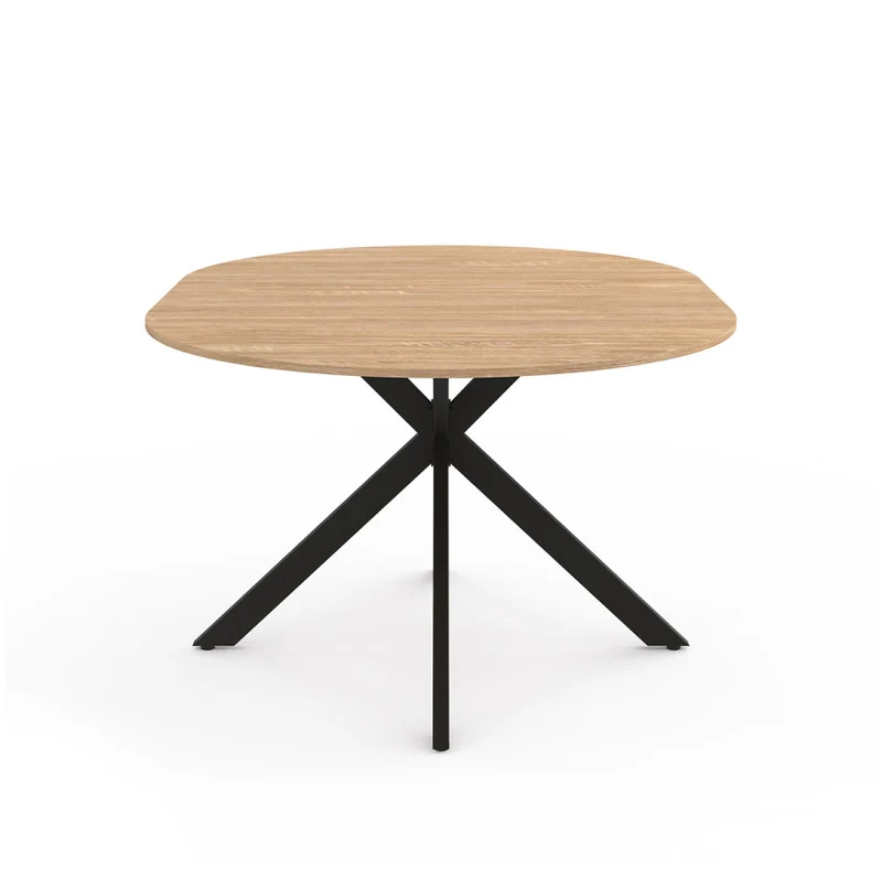 Table repas extensible Soline 110-150cm plateau rond bois pieds croisés noirs