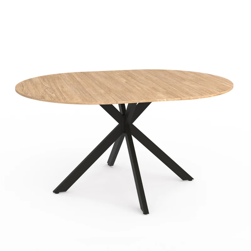Table repas extensible Soline 110-150cm plateau rond bois pieds croisés noirs