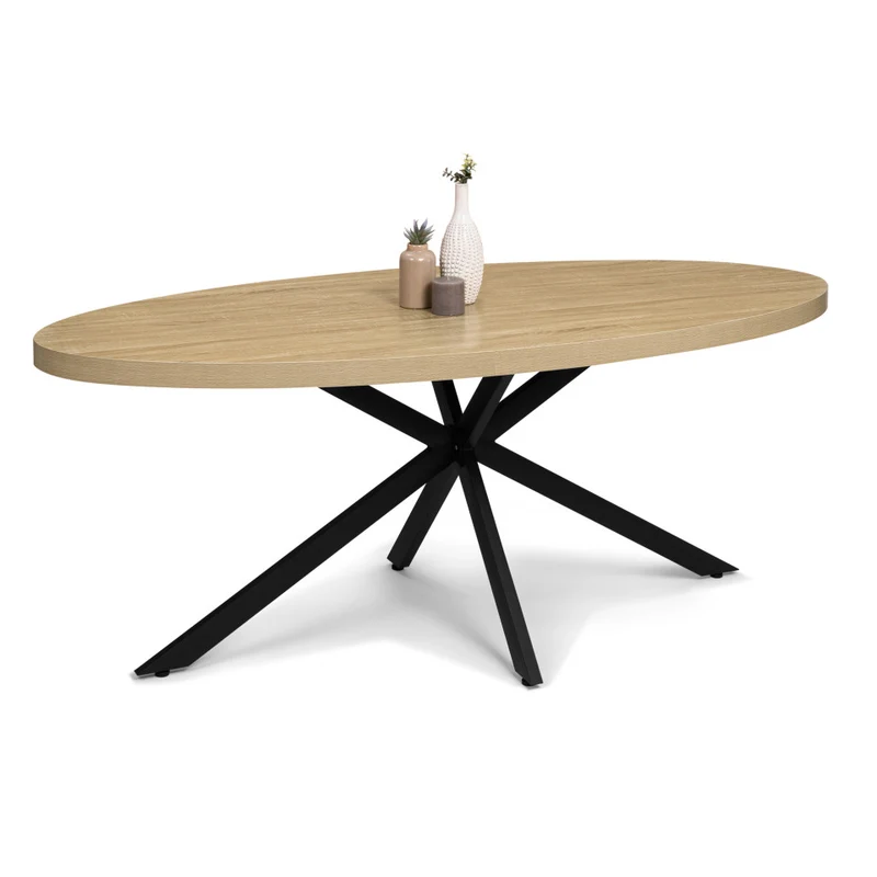 Table repas Céleste plateau ovale effet marbre 200cm et pieds croisés noirs