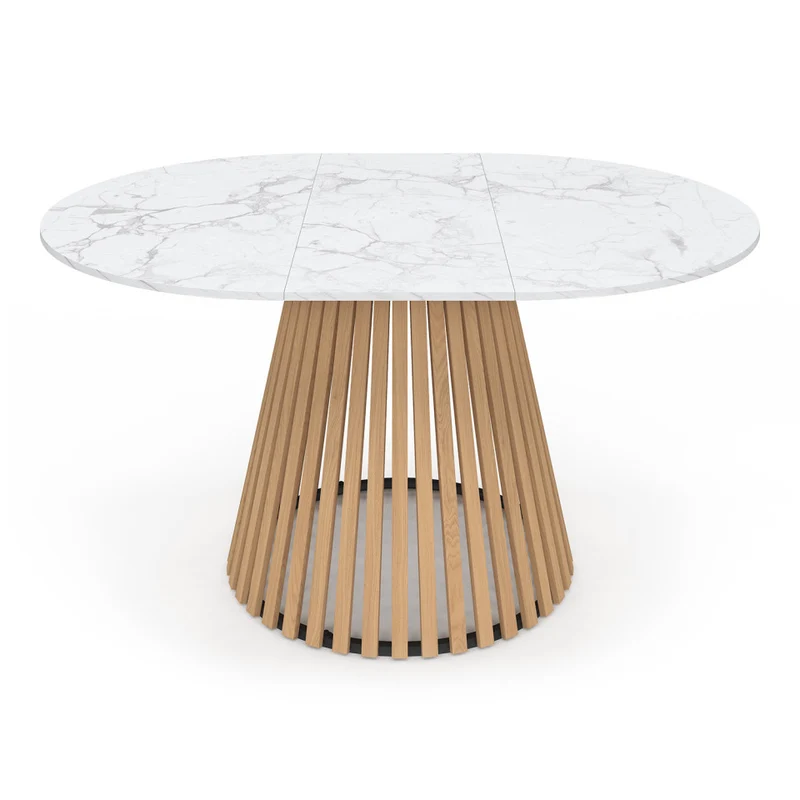 Table repas Camélia plateau rond extensible 110-150cm effet marbre blanc et pieds lattes